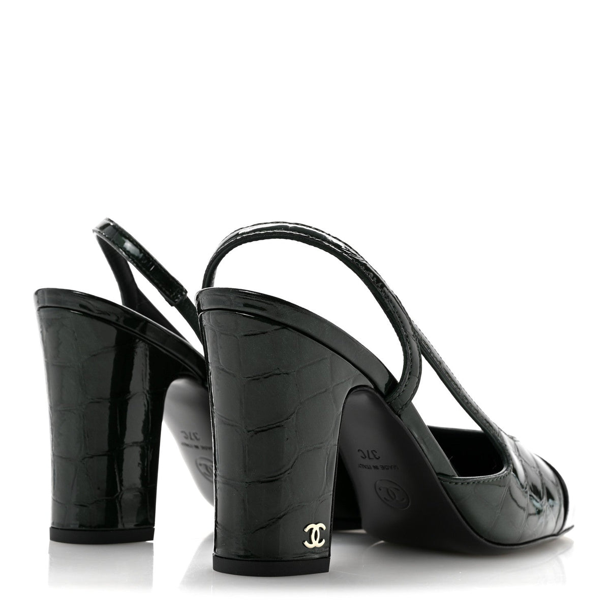 Patent Calfskin Crocodile Embossed Cap Toe CC Slingback Pumps 37 Dark Green Black