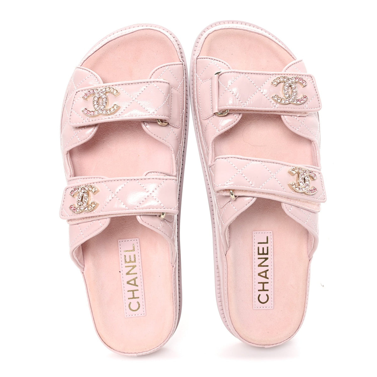 Shiny Calfskin Quilted Velcro Dad Crystal CC Slide Sandals 39 Light Pink