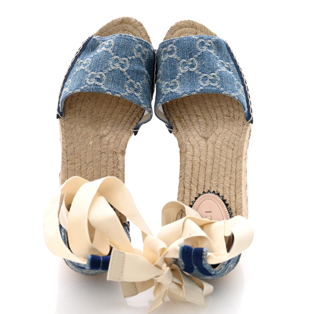 New Denim GG Monogram Pilar Ankle Wrap Espadrille Wedge Sandals 37 Light Blue