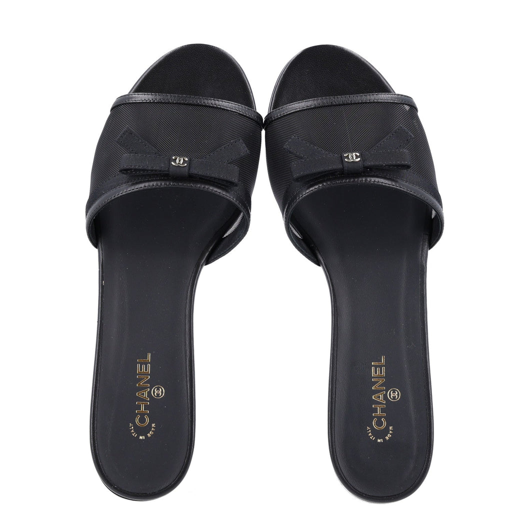 Mesh Lambskin CC Bow Mules 39.5 Black