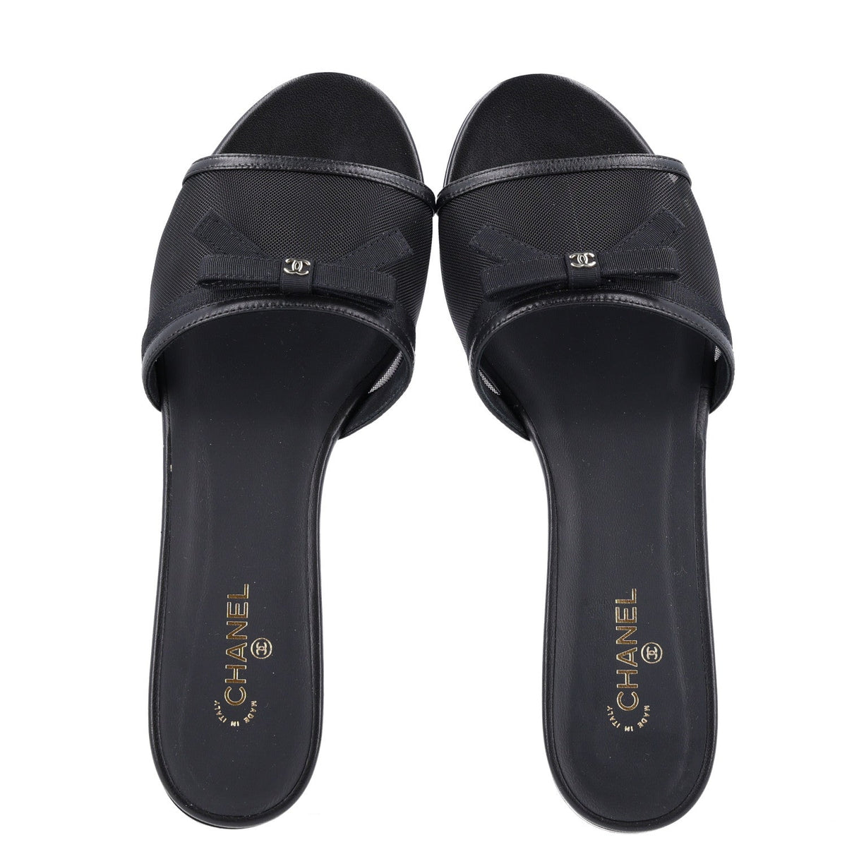 Mesh Lambskin CC Bow Mules 39.5 Black