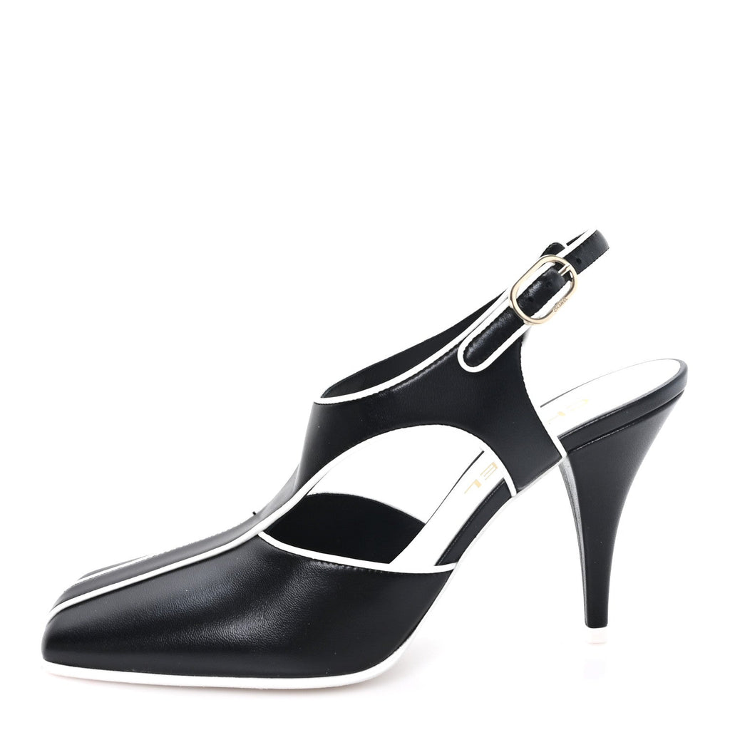 Lambskin CC Slingback Pumps 38 White Black