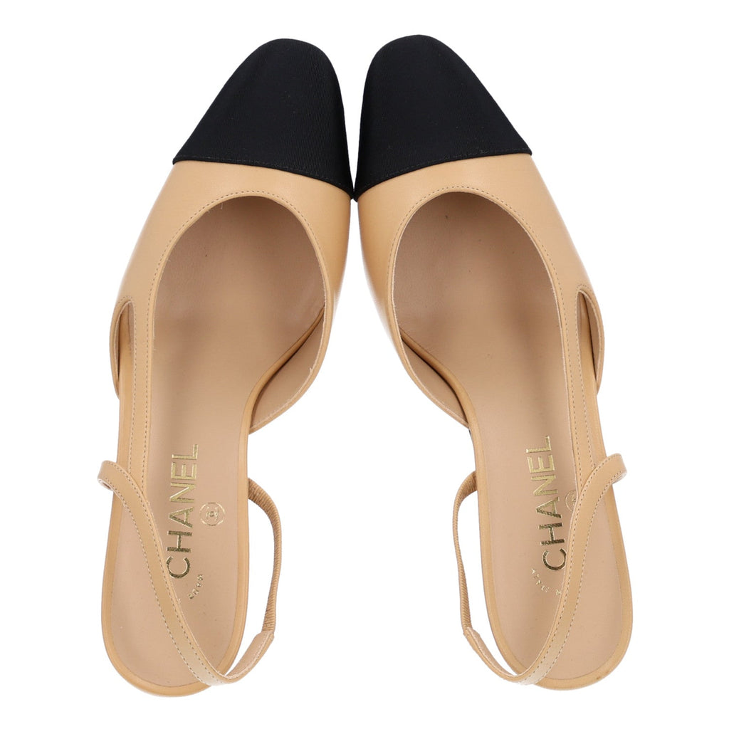 Goatskin Grosgrain Cap Toe CC Slingback Pumps 40 Beige Black