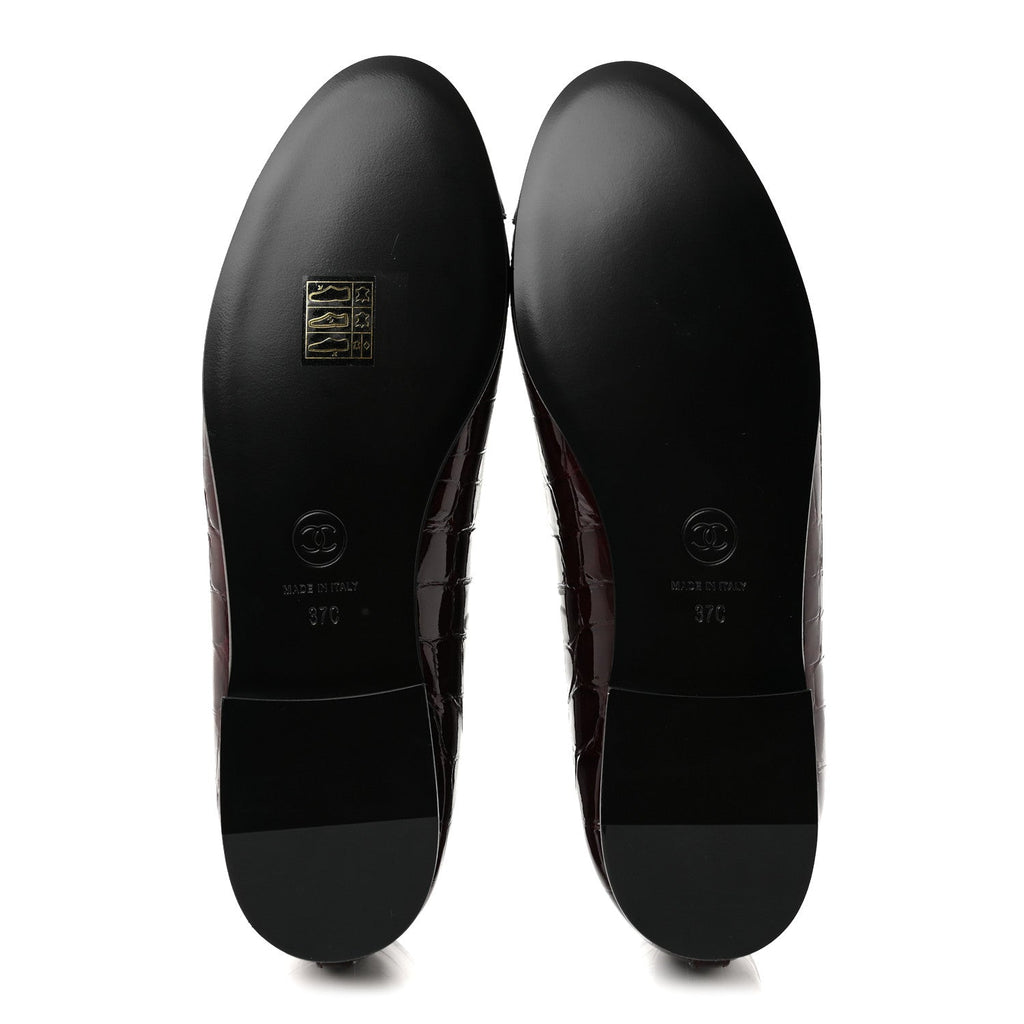 Patent Calfskin Crocodile Embossed Ballerina Flats 37 Dark Burgundy Black