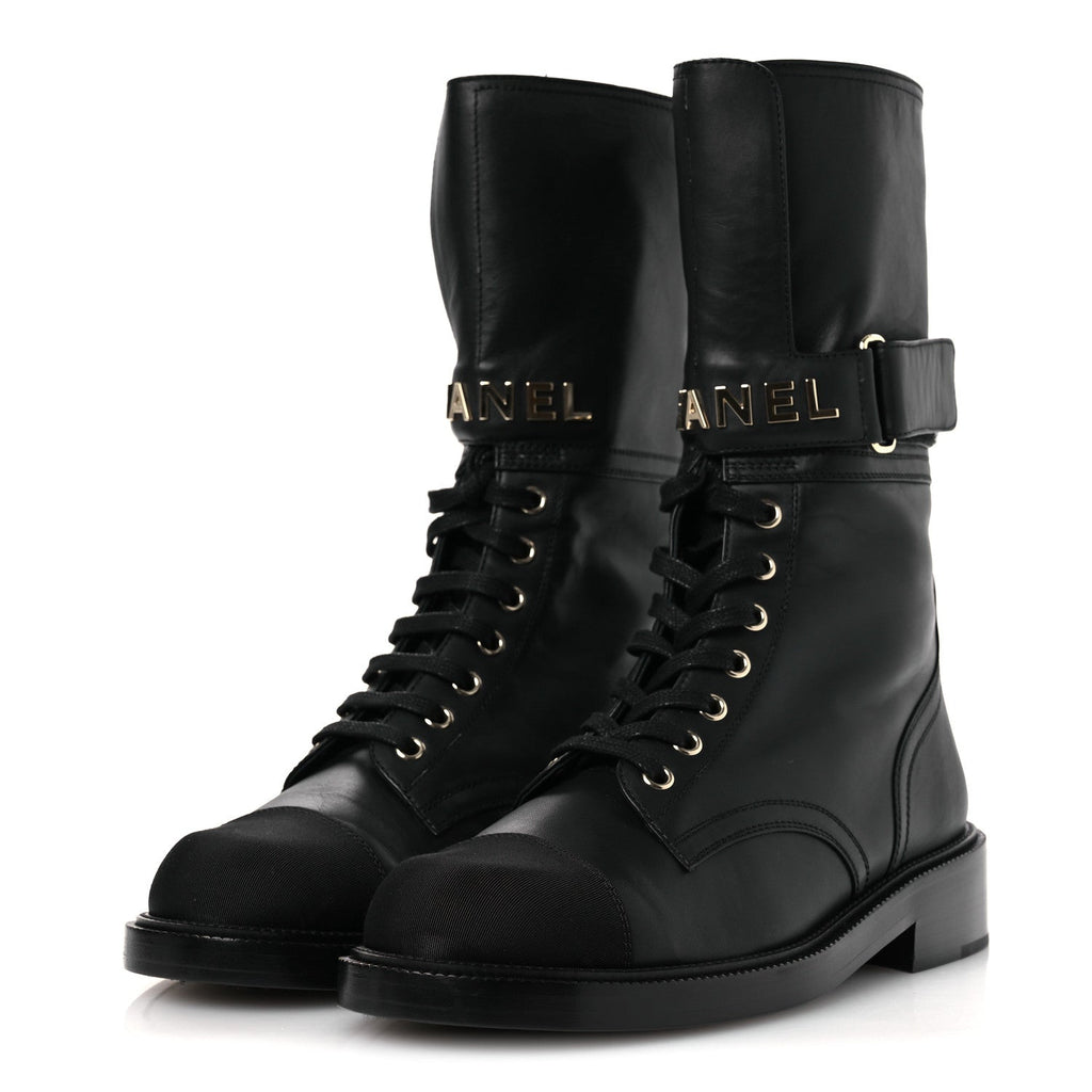 Calfskin Grosgrain Lace Up Combat Boots 38.5 Black