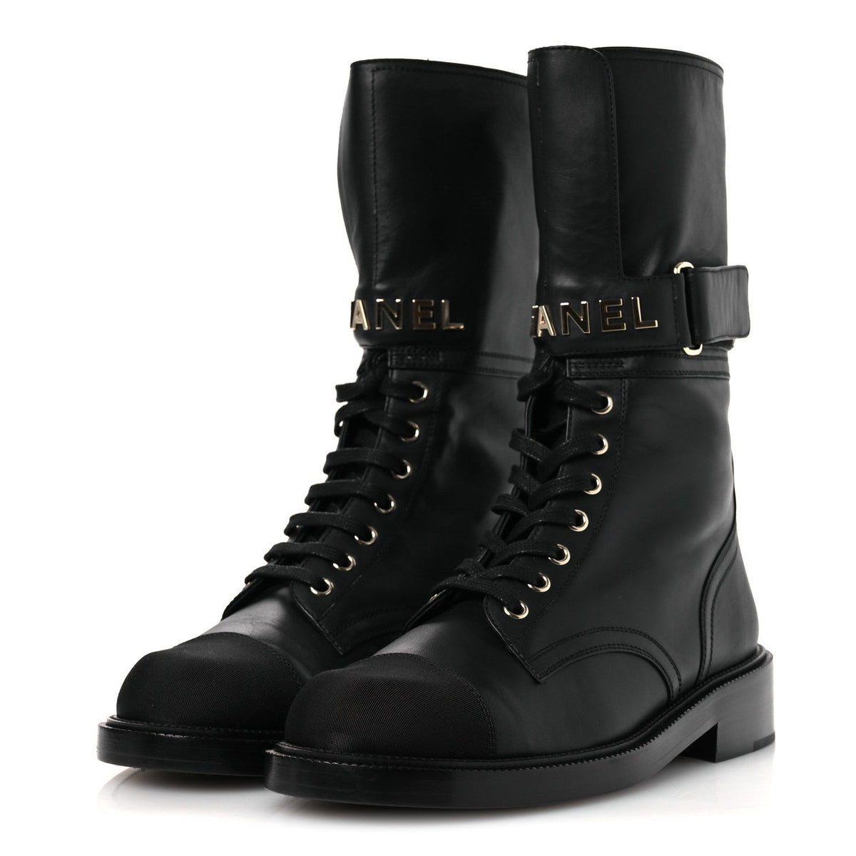 Calfskin Grosgrain Lace Up Combat Boots 38.5 Black