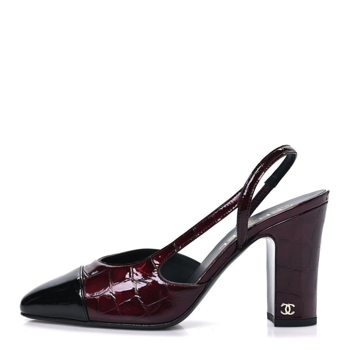 Crocodile Embossed Patent CC Cap Toe CC Slingback Pumps 38 Dark Burgundy