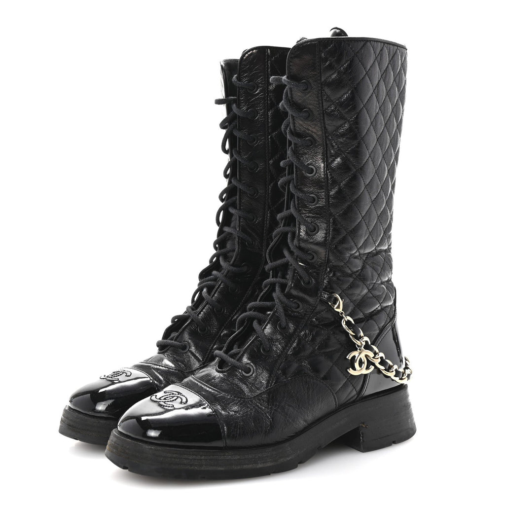 Shiny Calfskin Patent Quilted Chain Lace Up Combat Long Boots 38.5 Black