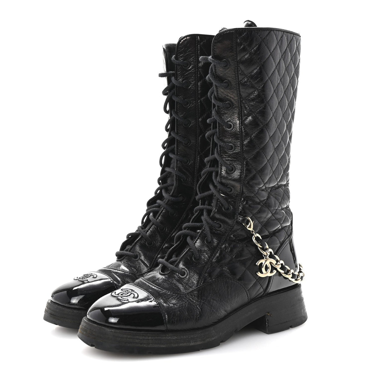 Shiny Calfskin Patent Quilted Chain Lace Up Combat Long Boots 38.5 Black