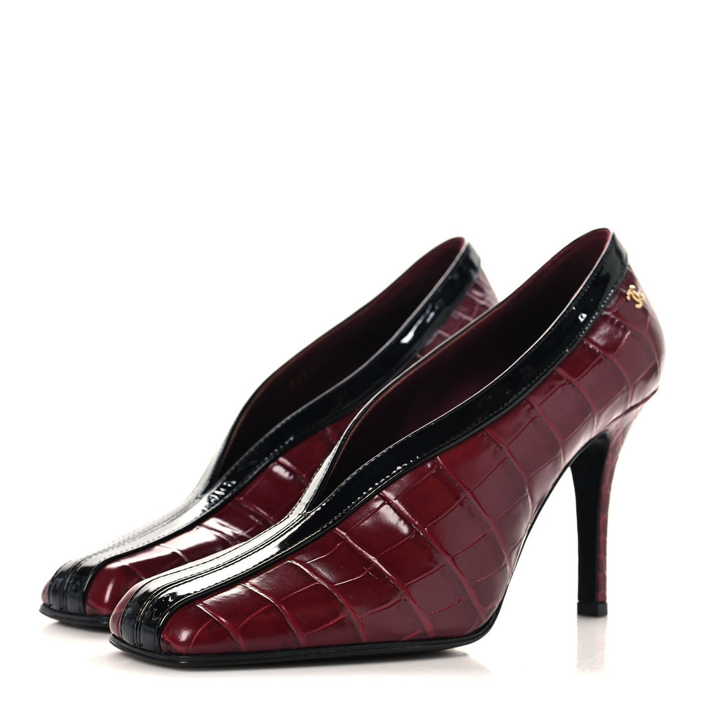 Crocodile Embossed Patent Calfskin Pumps 38.5 Burgundy Black