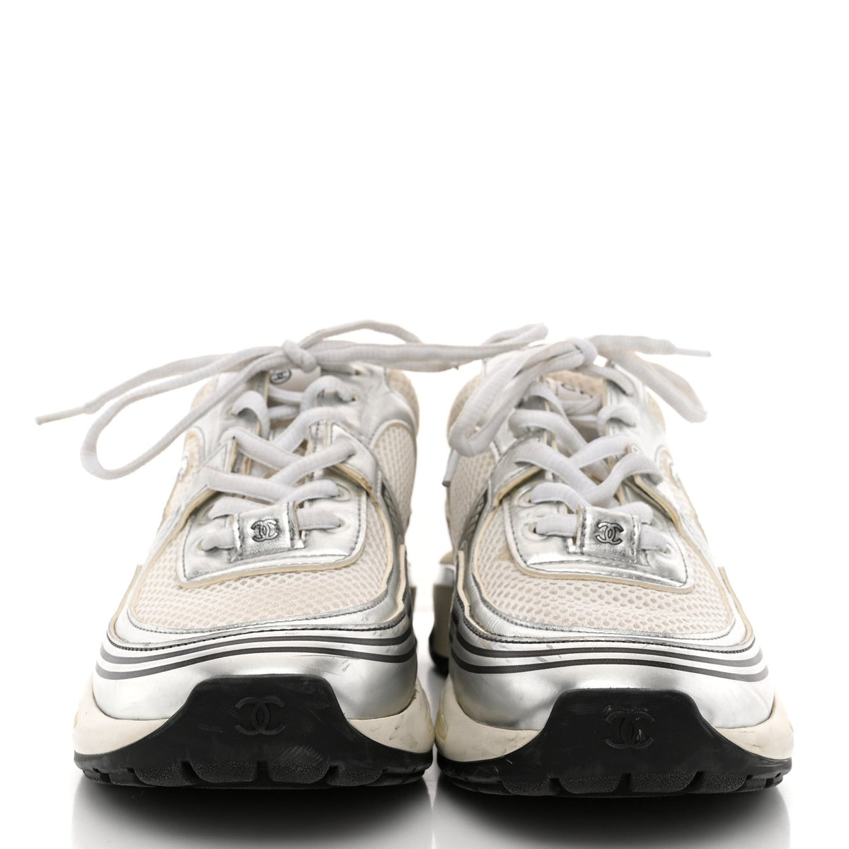 Fabric Laminated Calfskin Stretch CC Sneakers 36.5 White Silver