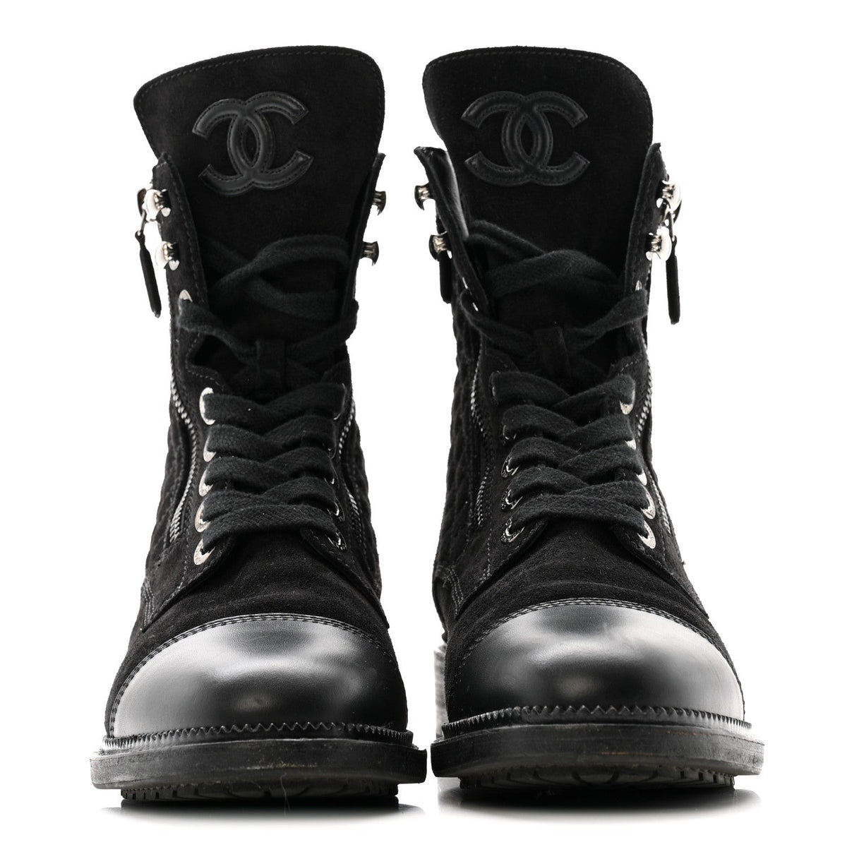 Suede Calfskin Quilted Lace Up Boots 38 Black