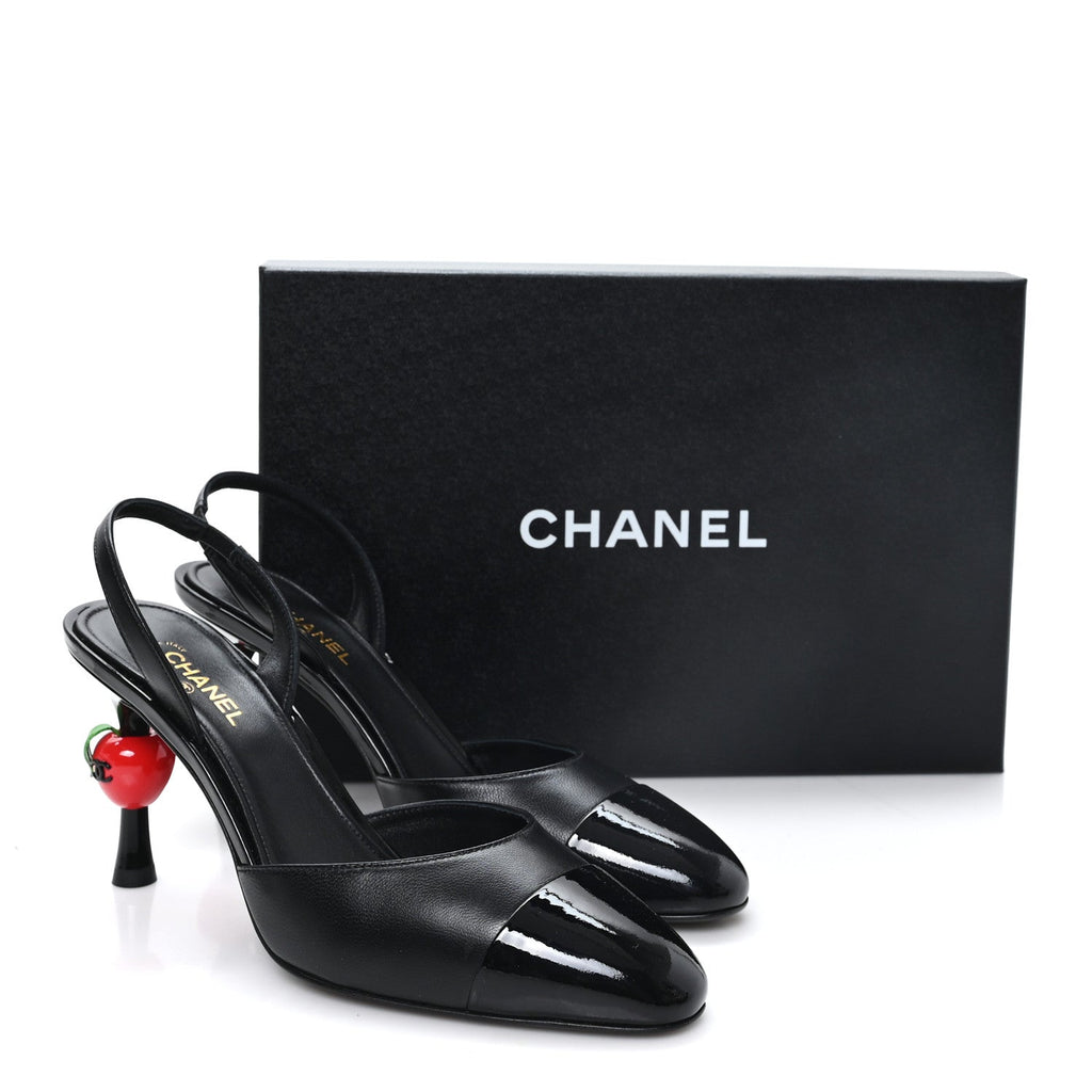 Lambskin Patent Cap Toe CC Apple Slingback Pumps 38.5 Black