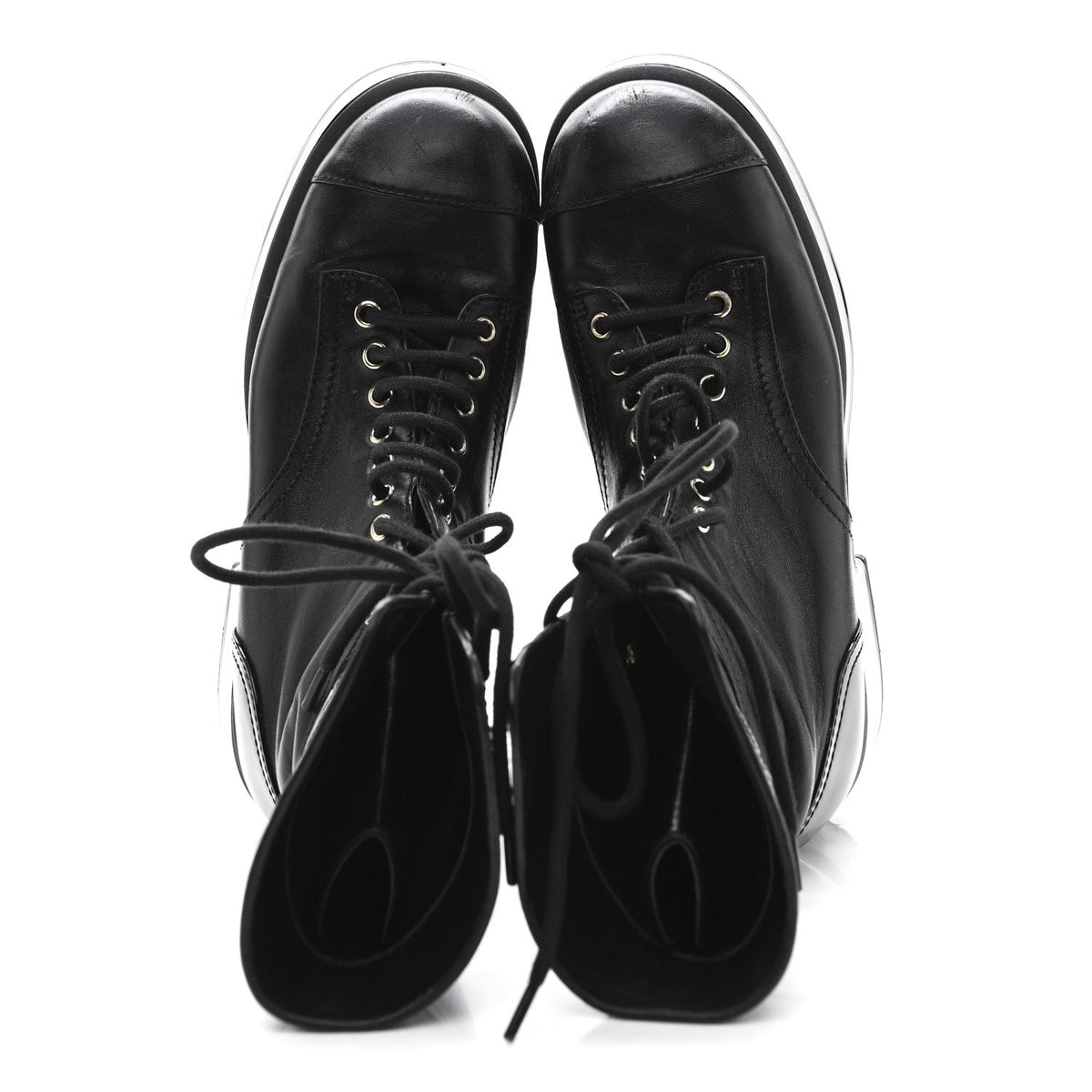 Lambskin Patent Calfskin Quilted CC Lace Up Combat Boots 37 Black
