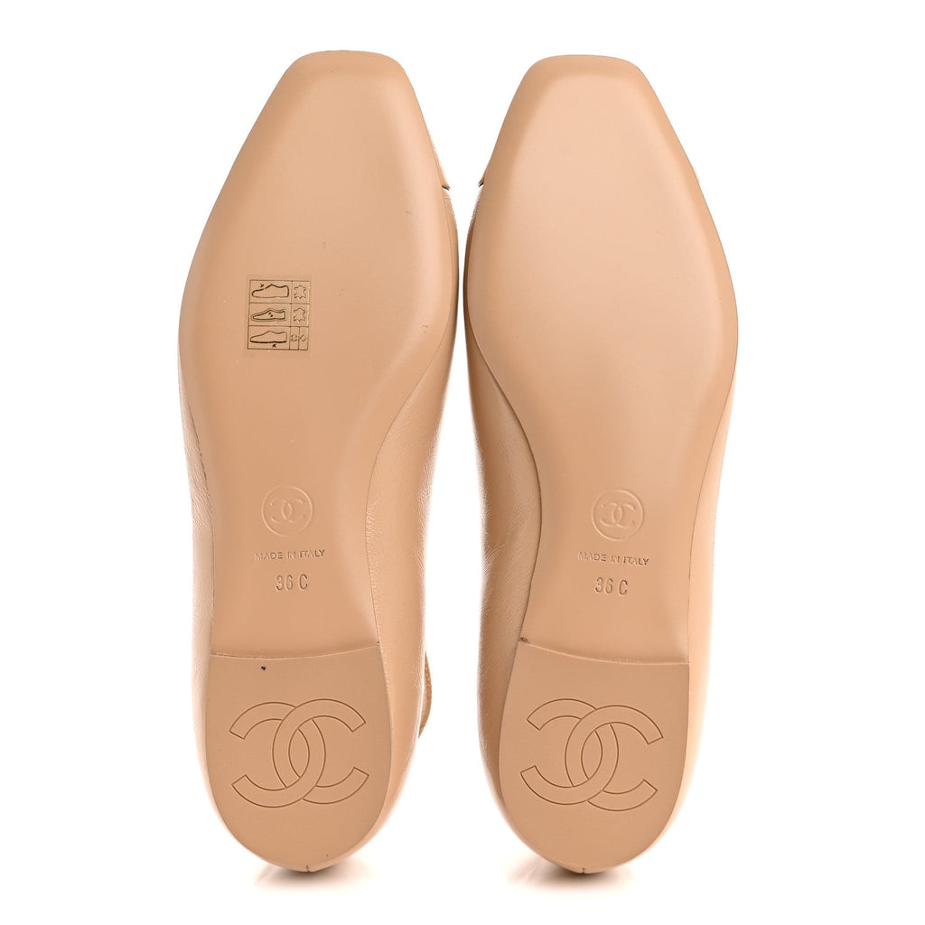 Shiny Calfskin Camellia Ankle Strap Ballerina Flats 36 Beige