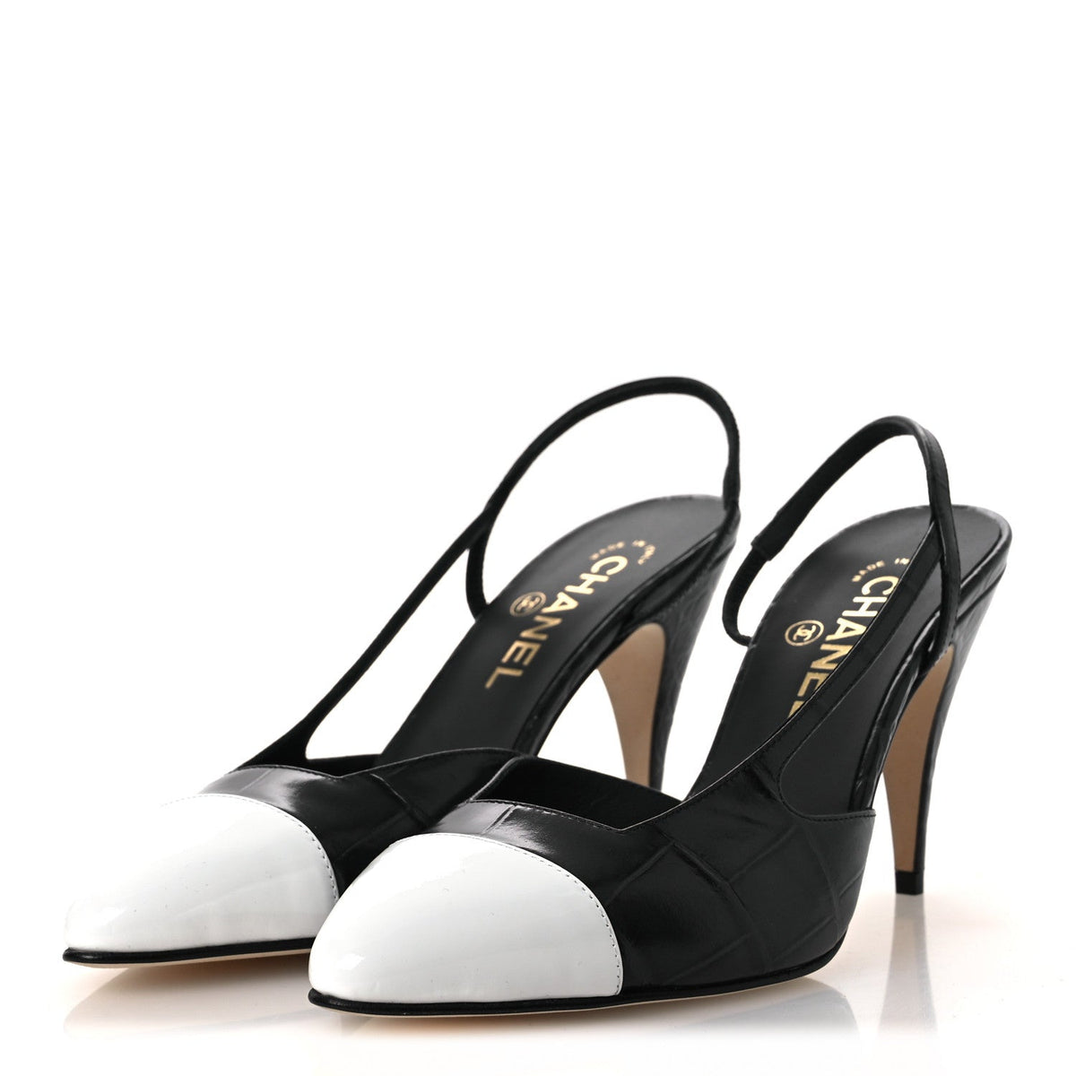 Patent Calfskin Crocodile Embossed Cap Toe CC Slingback Pumps 38.5 Dark Grey White