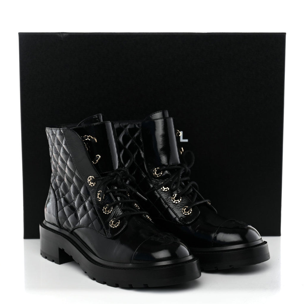 Shiny Goatskin Calfskin Quilted Lace Up Combat Boots 38 Black