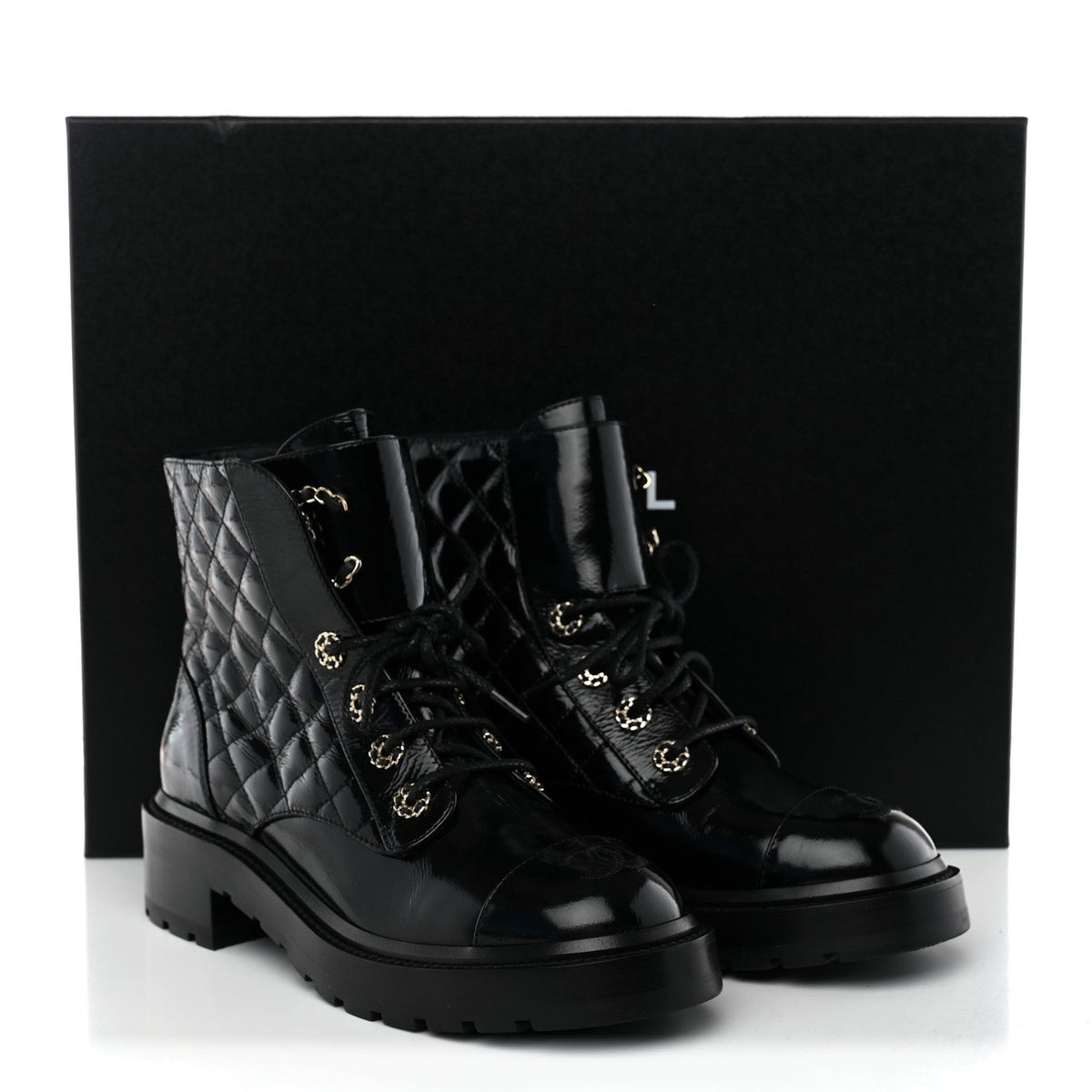Shiny Goatskin Calfskin Quilted Lace Up Combat Boots 38 Black