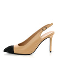 Goatskin Grosgrain Pointed Cap Toe CC Slingback Pumps 36 Beige Black