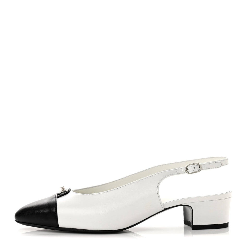 Goatskin Grosgrain Cap Toe CC Slingback Pumps 40 Black White