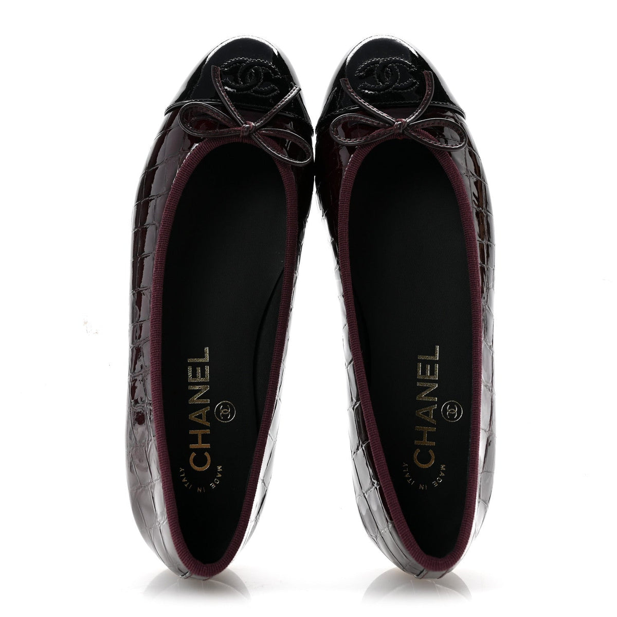 Patent Calfskin Crocodile Embossed Cap Toe CC Ballerina Flats 37 Dark Burgundy Black