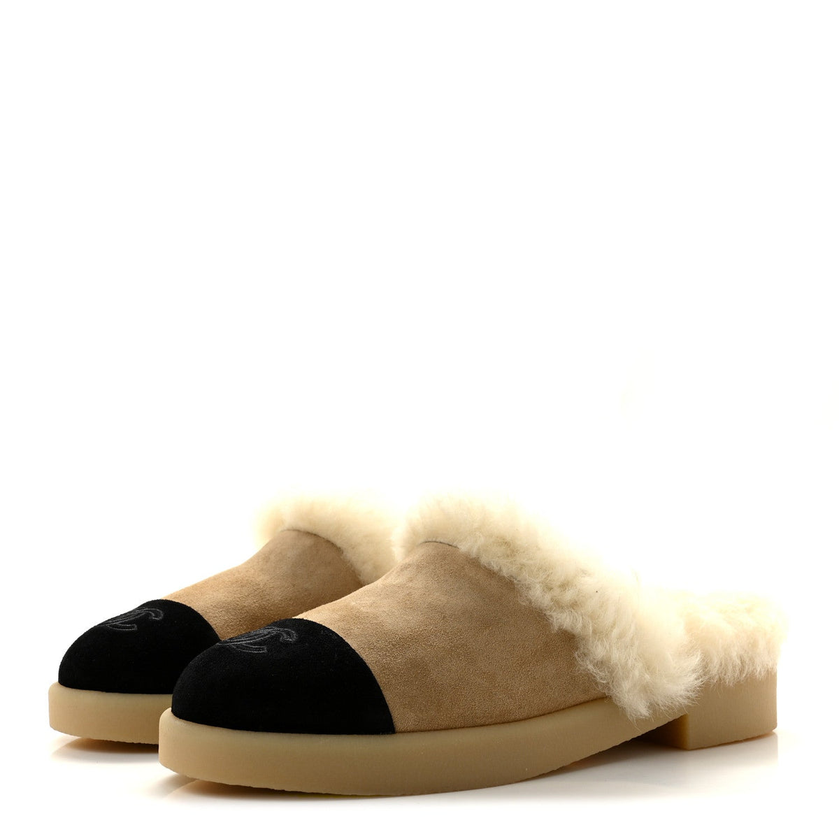 Suede Shearling CC Cap Toe Mules 40 Beige Black