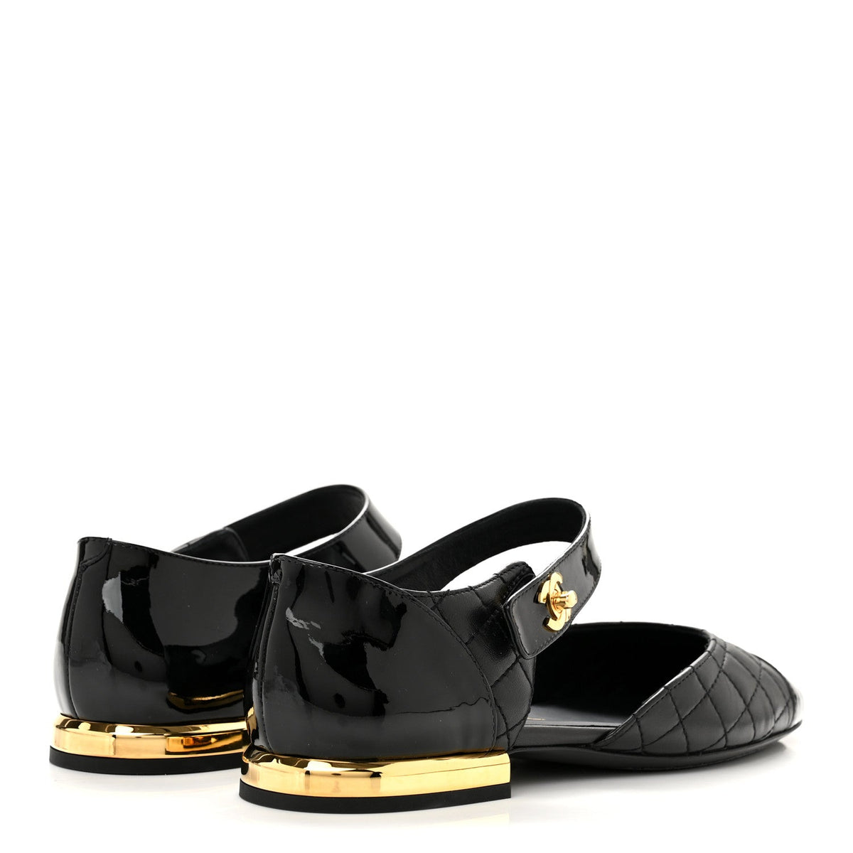 Patent Lambskin Quilted Cap Toe Ballerina Flats 36 Black