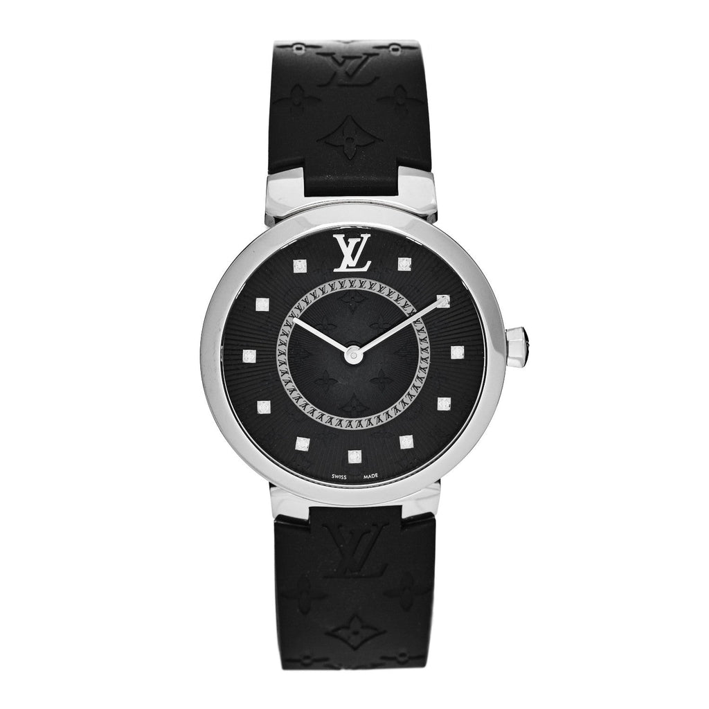 Stainless Steel Rubber Diamond 33mm Tambour Slim Quartz Watch Black