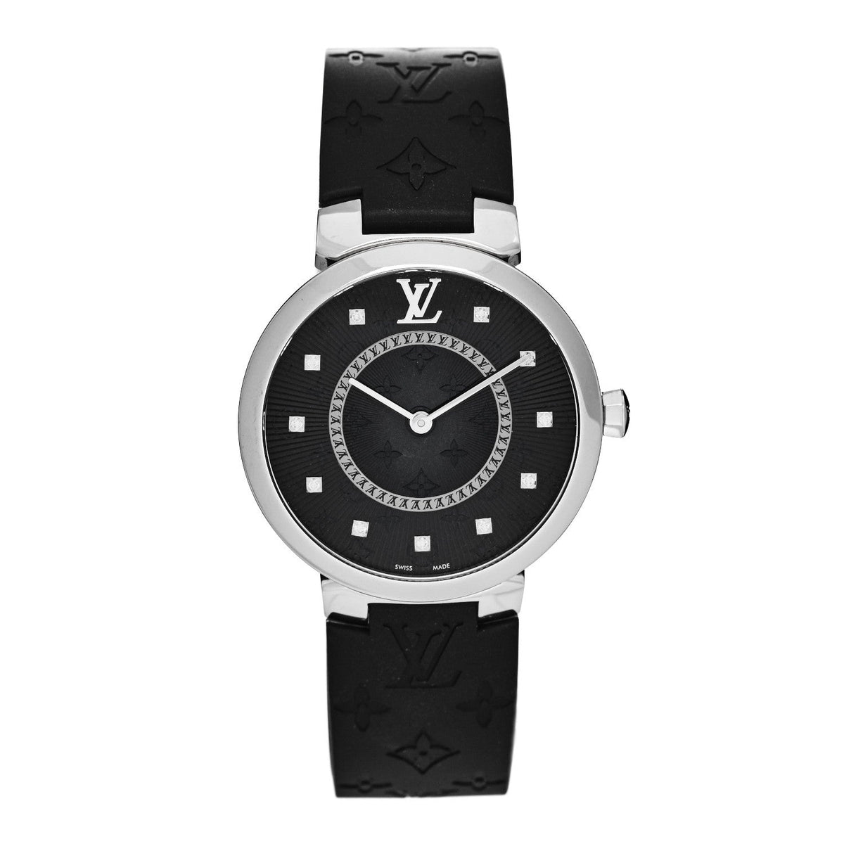 Stainless Steel Rubber Diamond 33mm Tambour Slim Quartz Watch Black