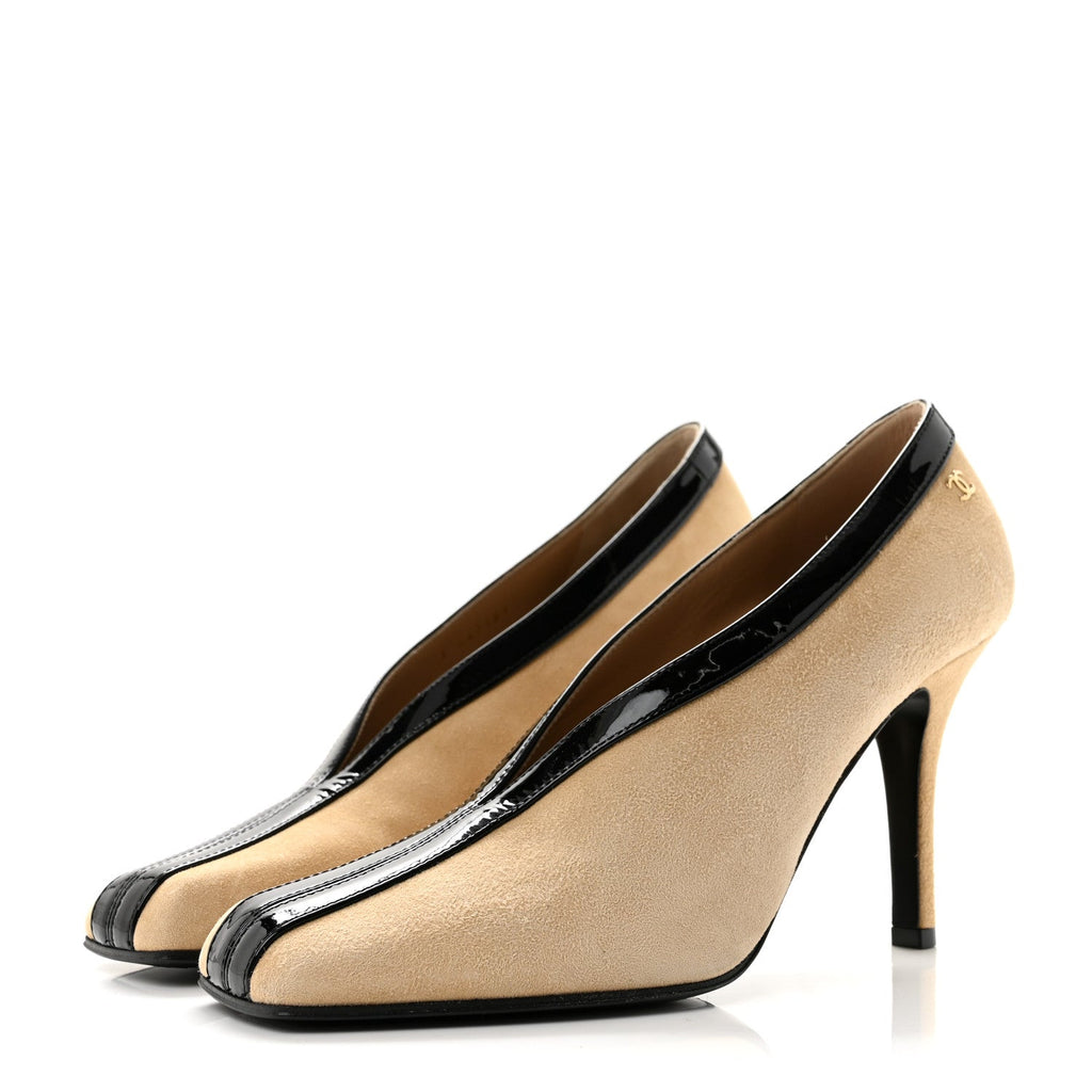 Suede Patent Calfskin Pumps 38.5 Beige Black