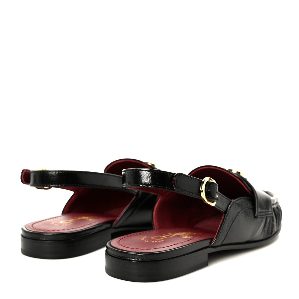 Crumpled Shiny Lambskin CC Slingback Mocassin 37.5 Black