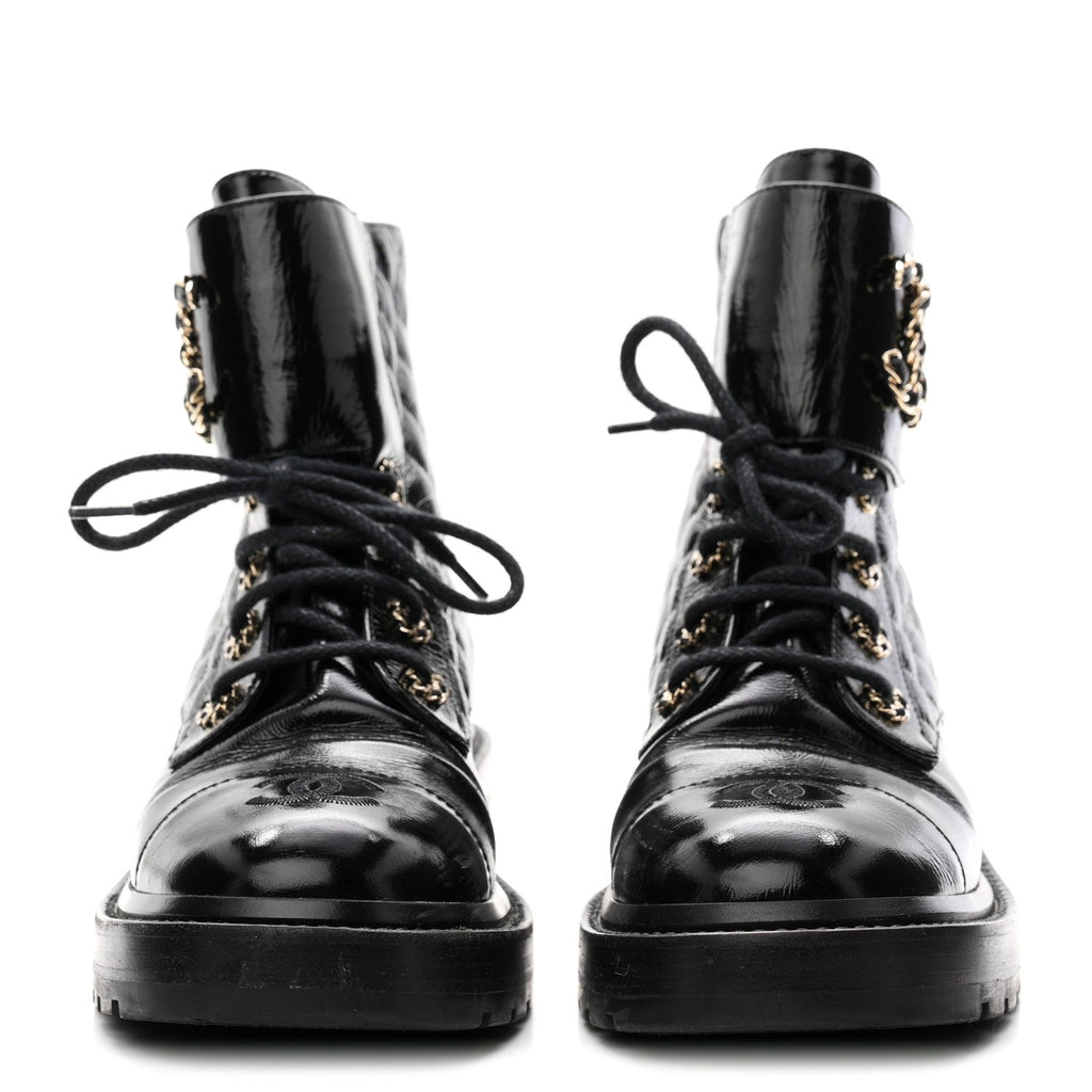 Shiny Lambskin Quilted Lace Up Combat Boots 38 Black