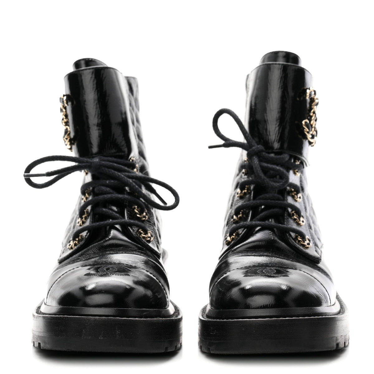 Shiny Lambskin Quilted Lace Up Combat Boots 38 Black