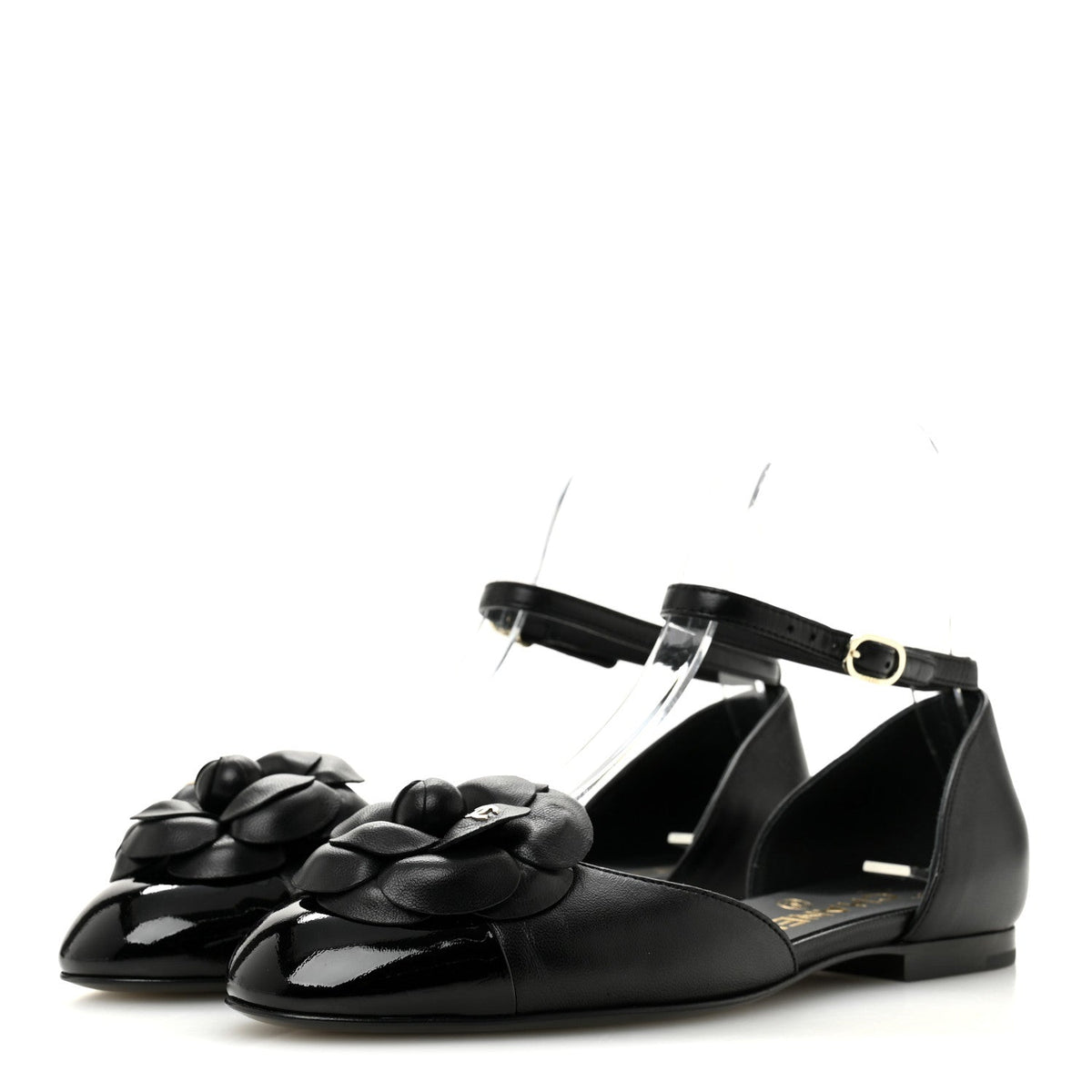 Lambskin Patent Calfskin Cap Toe Camellia Mary Jane Flats 36 Black