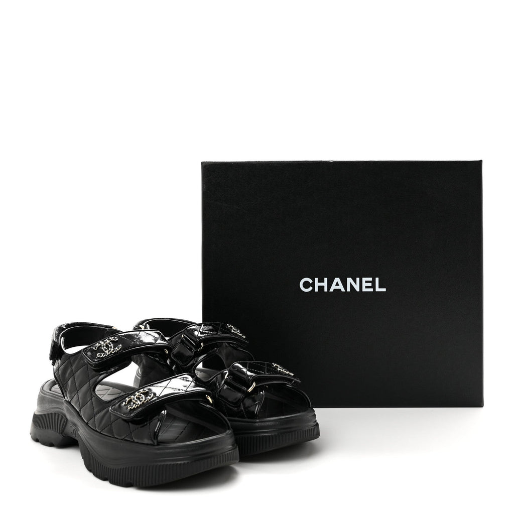 Shiny Calfskin Chain CC Velcro Dad Platform Sandals  38 Black