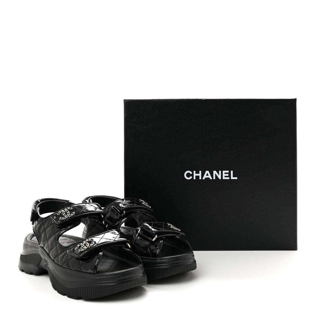 Shiny Calfskin Chain CC Velcro Dad Platform Sandals  38 Black