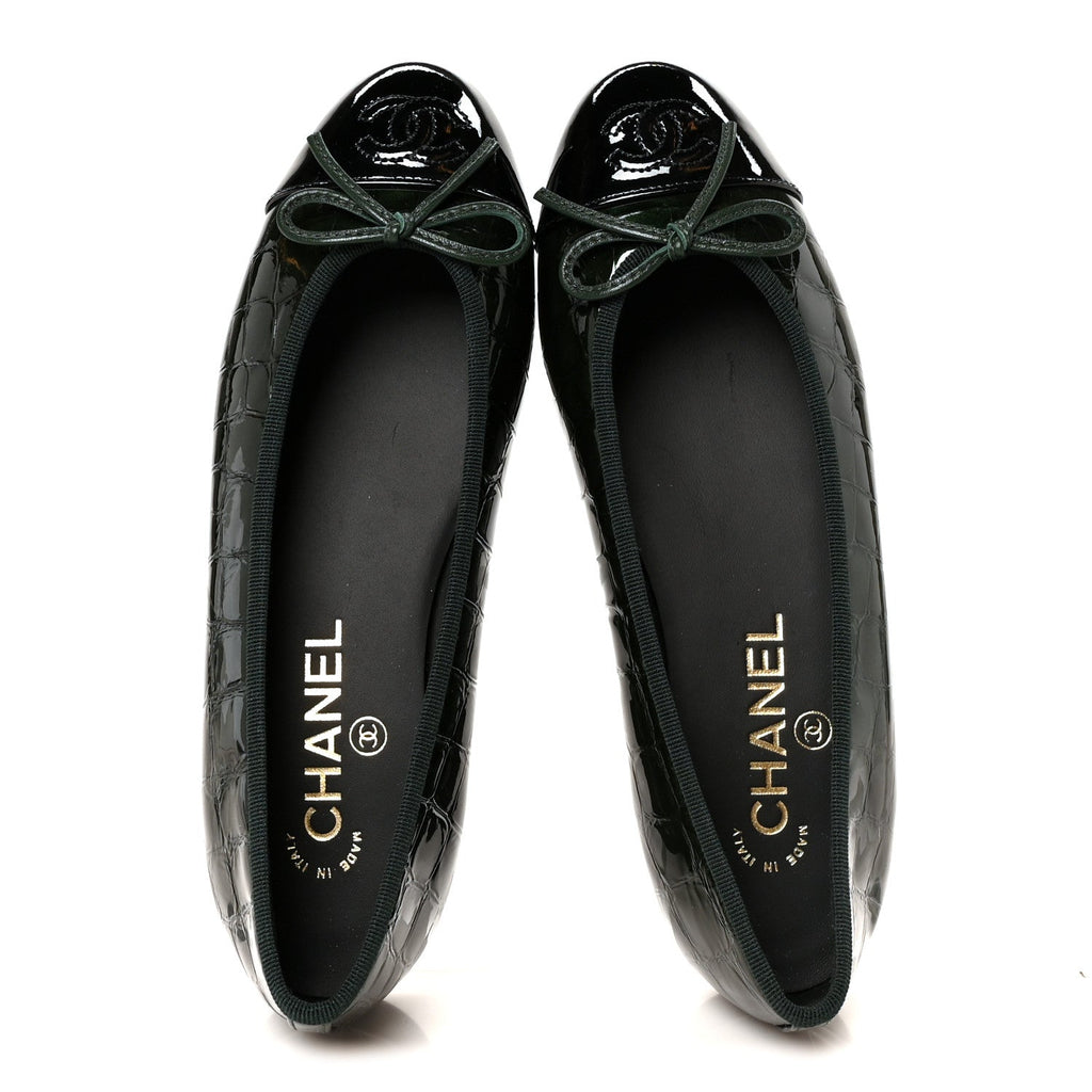 Patent Calfskin Crocodile Embossed Ballerina Flats 36.5 Dark Green Black
