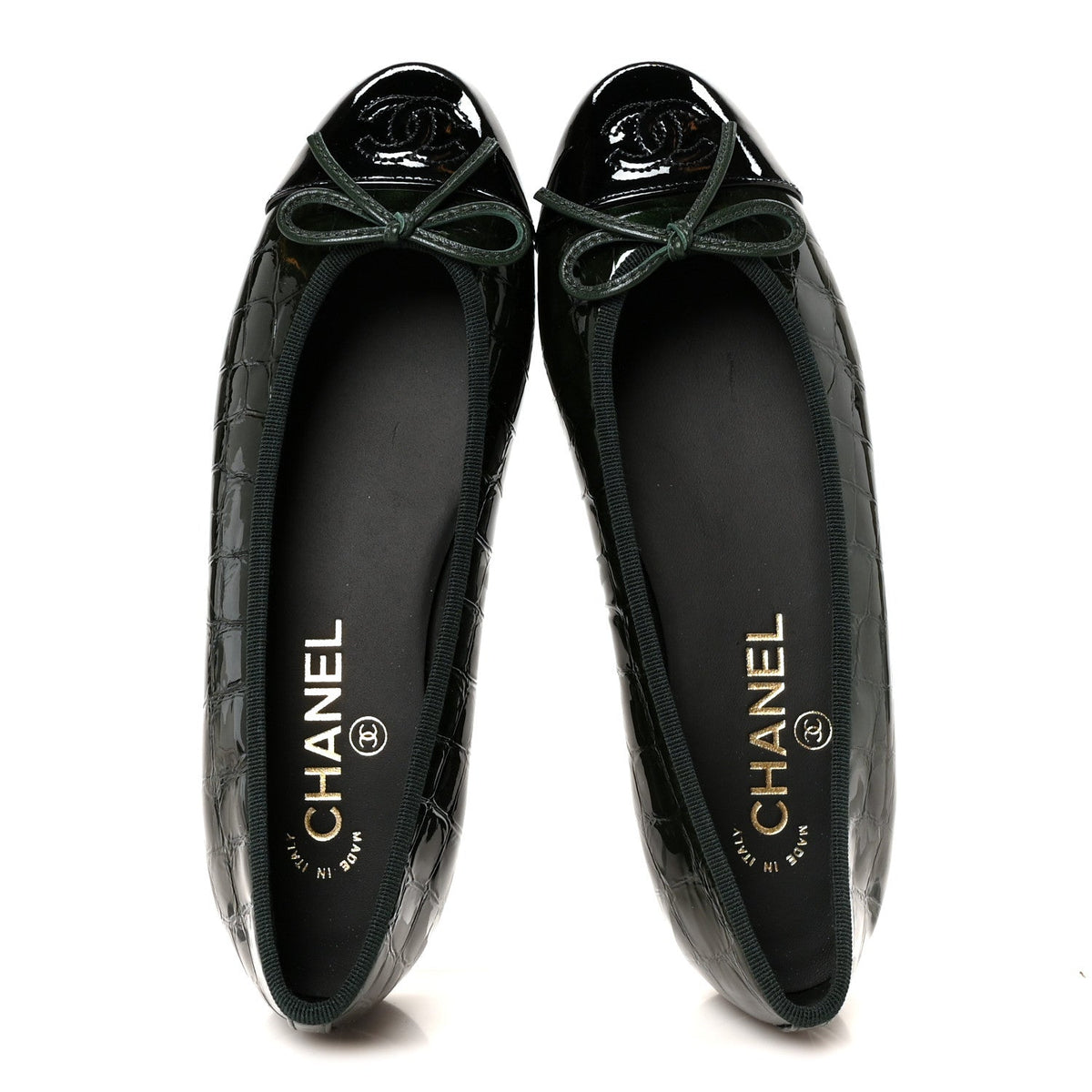 Patent Calfskin Crocodile Embossed Ballerina Flats 36.5 Dark Green Black