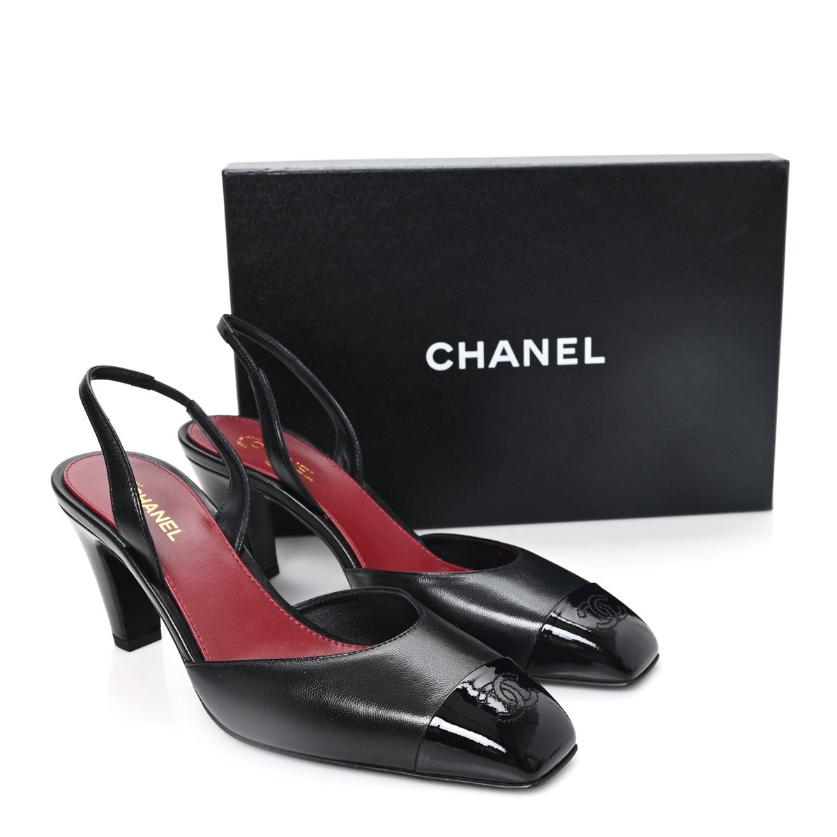 Lambskin Patent Calfskin Cap Toe CC Slingback Pumps 40 Black