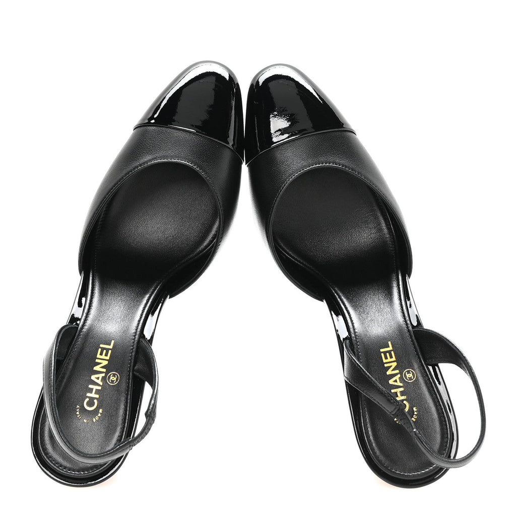 Lambskin Patent Calfskin Cap Toe CC Apple Slingback Pumps 37.5 Black