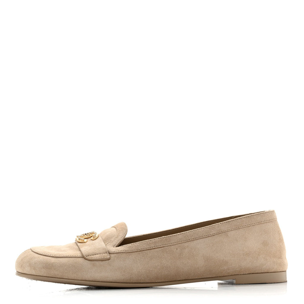 Suede Crystal CC Mocassin Loafers 39.5 Beige