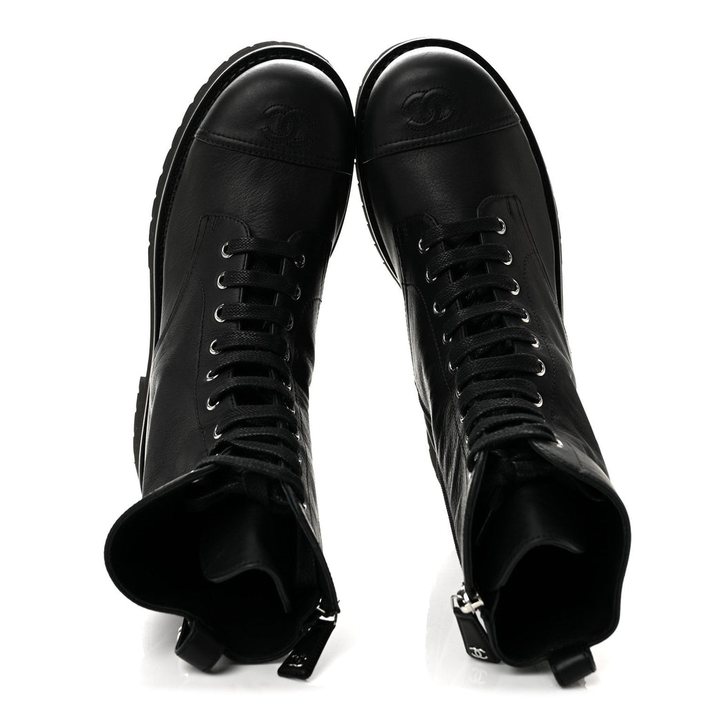 Calfskin Cap Toe Lace Up Combat Boots 40.5 Black
