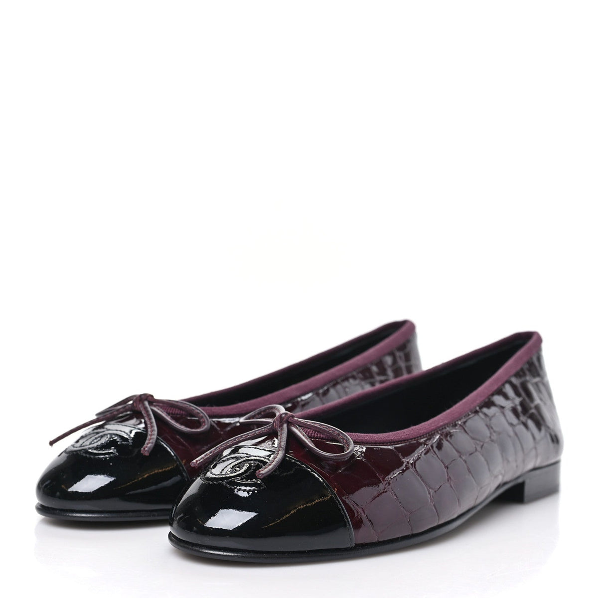 Patent Calfskin Crocodile Embossed Ballerina Flats 37 Dark Burgundy Black