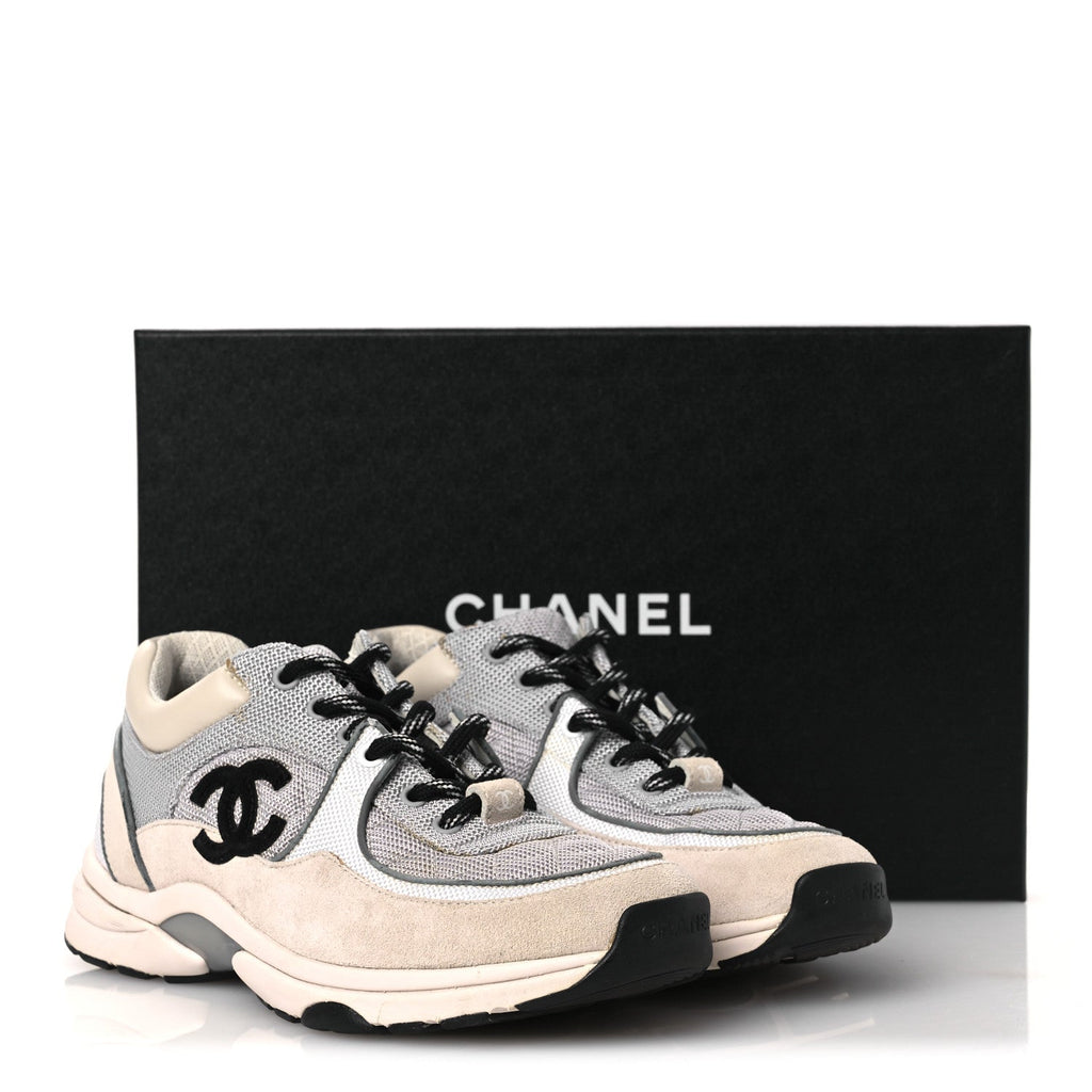 Mesh Suede Calfskin Grained Calfskin Womens CC Sneakers 37 Grey White