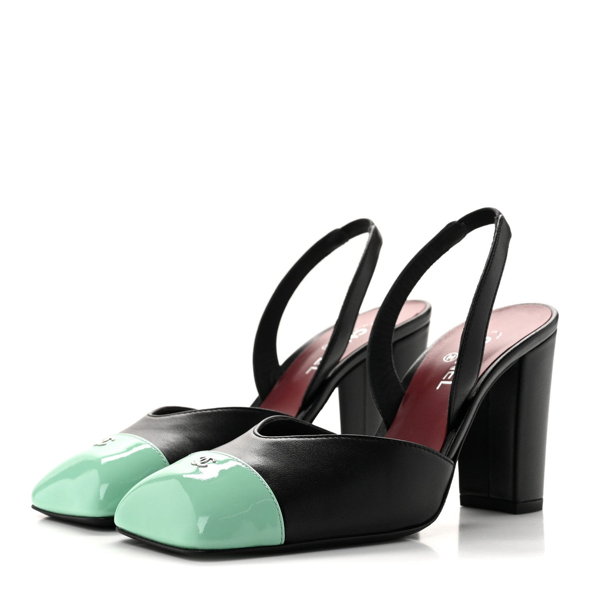 Lambskin Patent Calfskin Square Cap Toe CC Slingback Pumps 36.5 Black Green