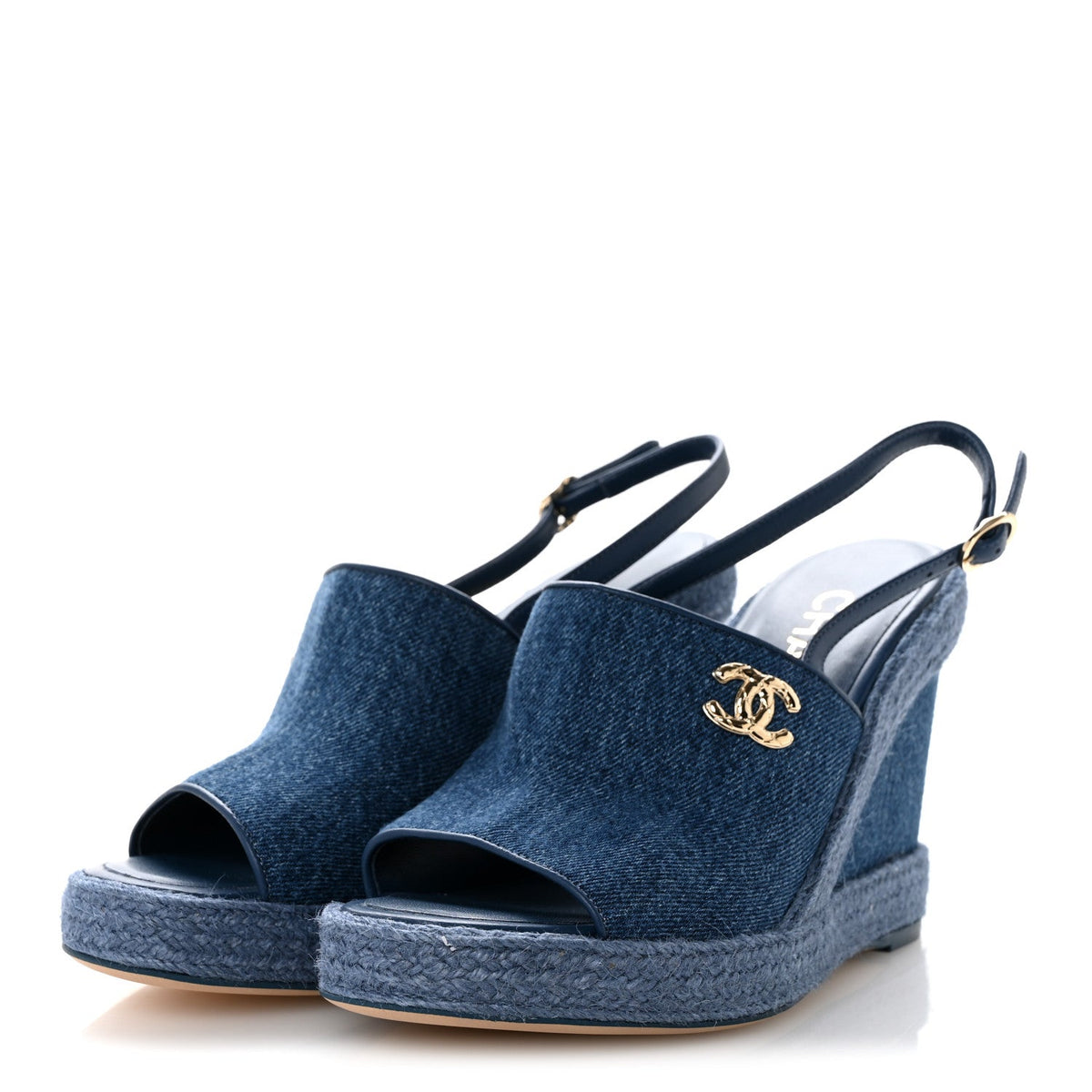 Washed Denim Braided Cord Wedge Sandals 37 Blue