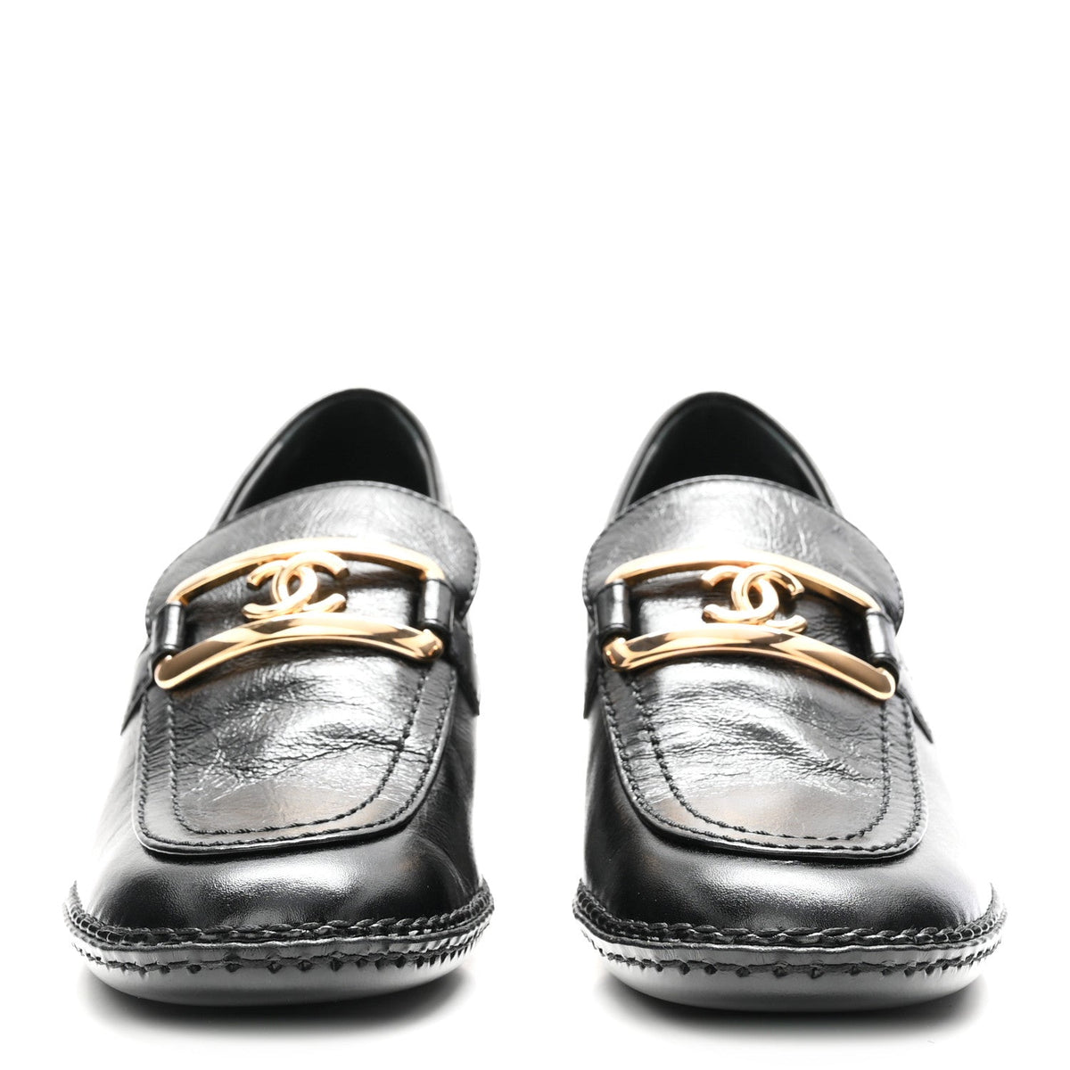 Shiny Calfskin Metal CC Loafers 37 Black