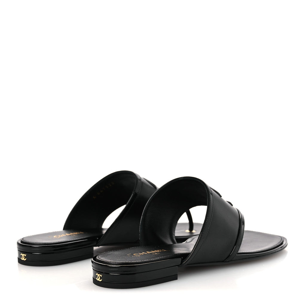 Lambskin Patent Calfskin CC Thong Sandals 39 Black