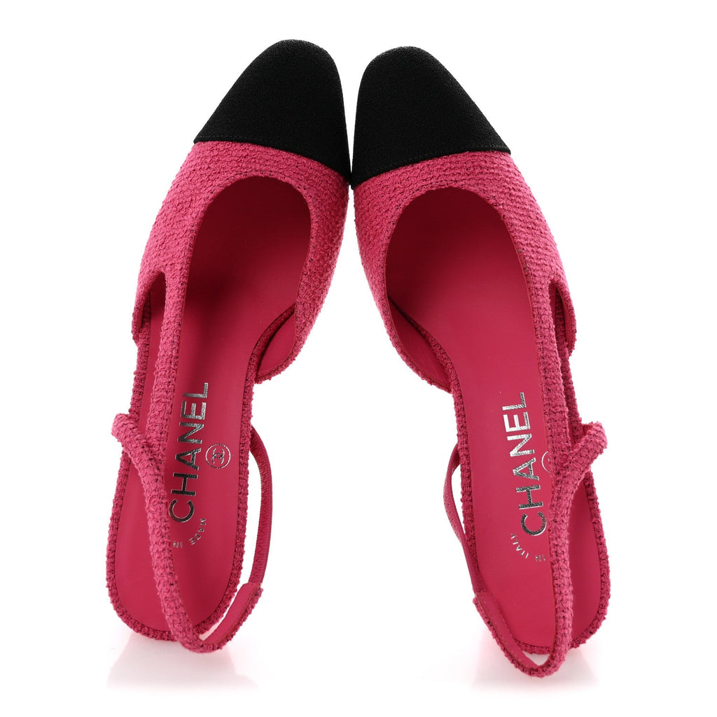 Tweed Grosgrain Cap Toe CC Slingback Pumps 37 Pink Black