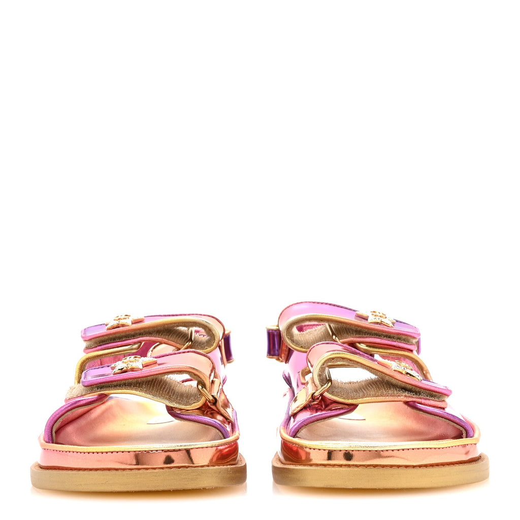 Metallic Laminated Calfskin Crystal Star CC Velcro Dad Sandals 37.5 Pink Orange Yellow